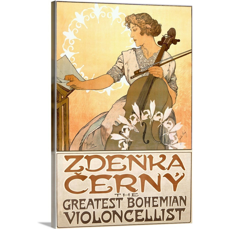 «Zdenka Cerny, The Greatest Bohemian Violoncellist», affiche rétro, par Alphonse Mucha par Alphonse Mucha, reproduction d'art sur toile