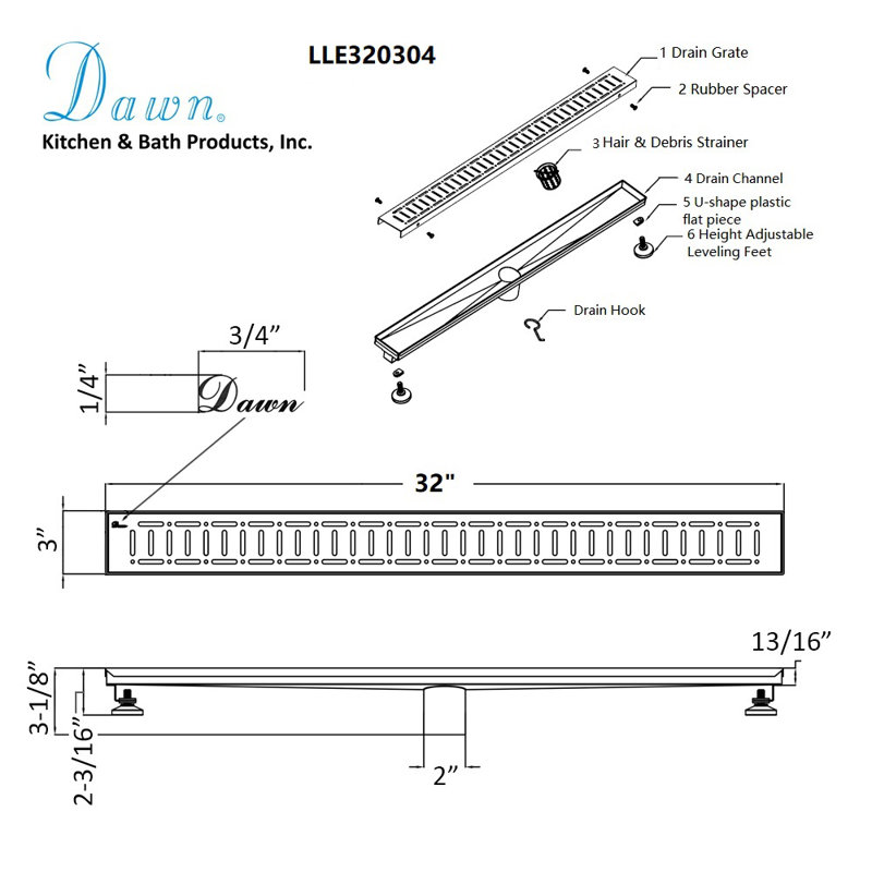 Loire River Series 32 Inch Long Stainless Steel Linear Floor Shower Drain