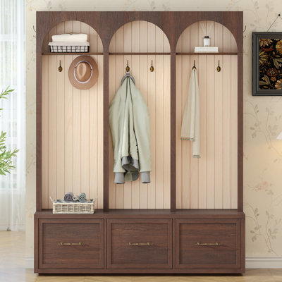 Portemanteau 3 en 1 de 74,8 po avec banc, banc de ferme avec 8 crochets rétro et 3 tiroirs, portemanteau rustique pour vestibule, vestibule, salon, noyer foncé