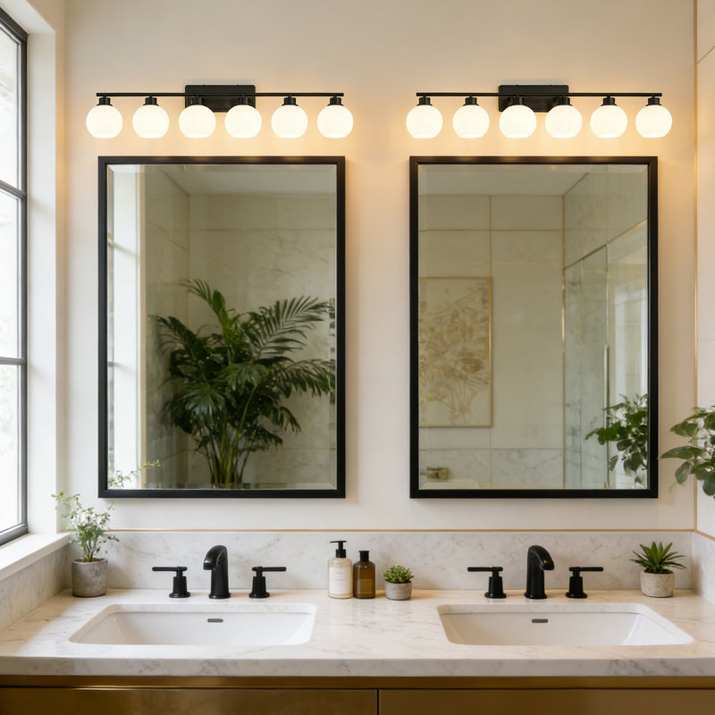 6-Light Black Bathroom Vanity Light – Opal Globe Shades, Damp Rated, Cri 90+, E26 Base, Dual-Mount Dimmable For Bathroom & Makeup Vanity