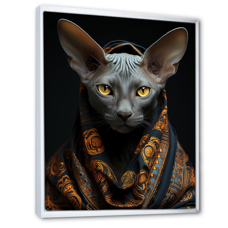 Portrait oriental de chat oriental Opulence II - Chat, décoration murale, H 44 po x l 34 po x P 1,5 po, Cadre flottant blanc