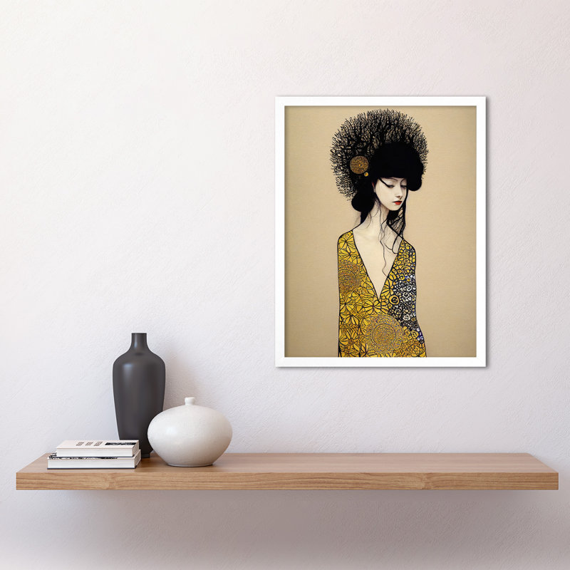 Golden Geisha Girl Abstract Elegant - No Frame Rectangle Print, 43cm H x 33cm W x 2cm D, White Framed Paper