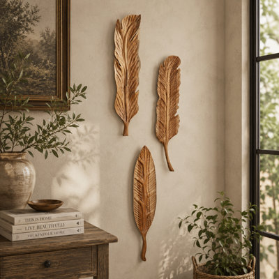 Teak Wood Handmade Carved Feather Bird Brown Wall Decor Set
