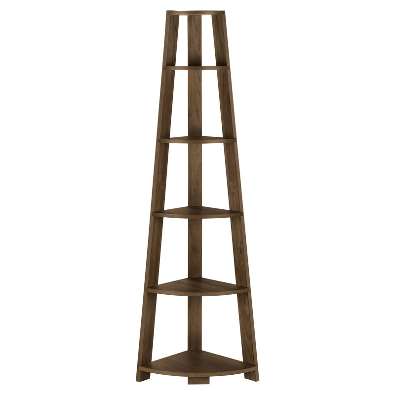 Bibliothèque de coin à 5 niveaux, H 72 po, stratifié noyer, option de rangement de salon moderne H 72 po, pièce maîtresse de bureau à domicile