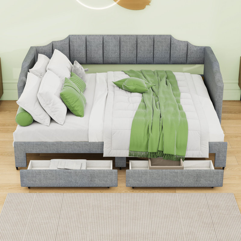 Twin XL to King Upholstered Daybed with Two Storage Drawers, LED Light and Trundle, Gray