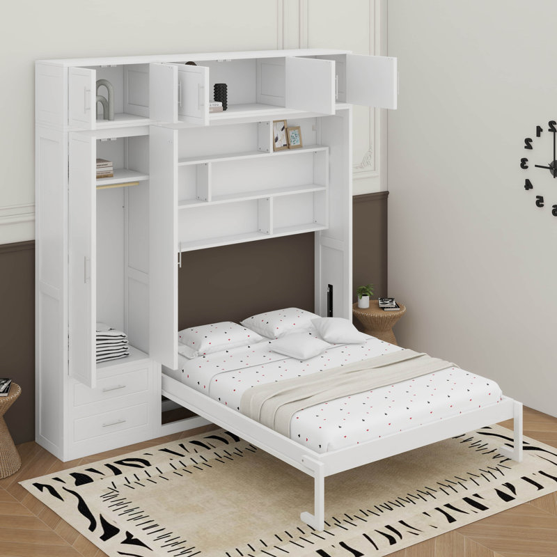 Grand lit escamotable mural avec armoire supérieure, tablettes et garde-robe, Blanc