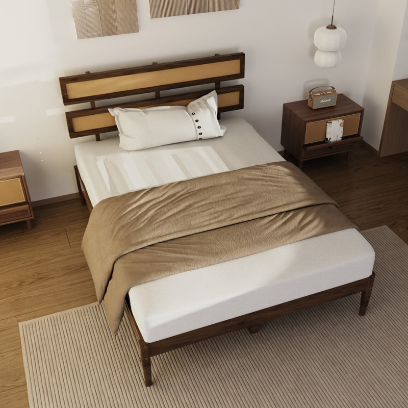Solid Wood Full  Bed Frame Platform Bedframe With Rattan Headboard, Full
