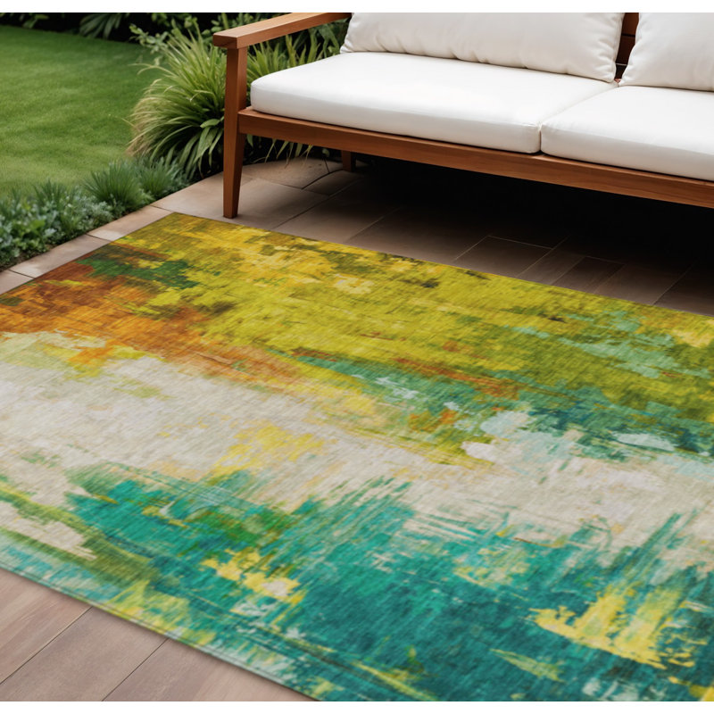 Tapis intérieur lavable abstrait vert et doré 9 pi x 12 pi