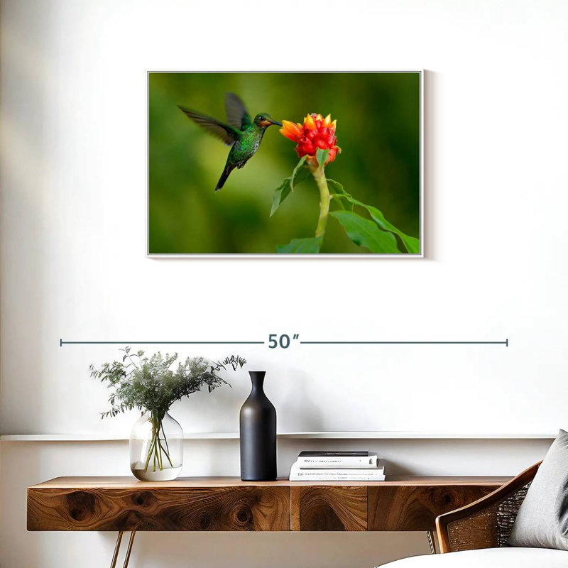 Fleur et colibri vert, Cadre flottant blanc, 31 po x 21 po