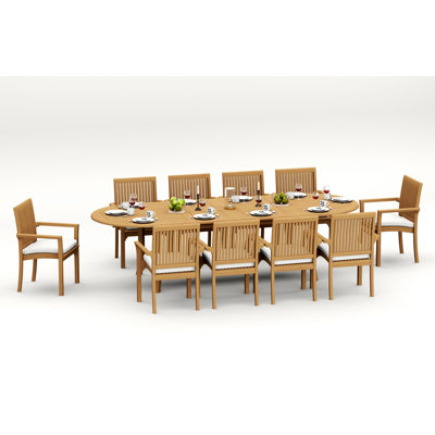 9 Pcs Grade-A Teak Wood Dining Set: 118" Double Extension Mas Oval Trestle Leg Table And 8 Lua Stacking Arm Chairs #11LU2708