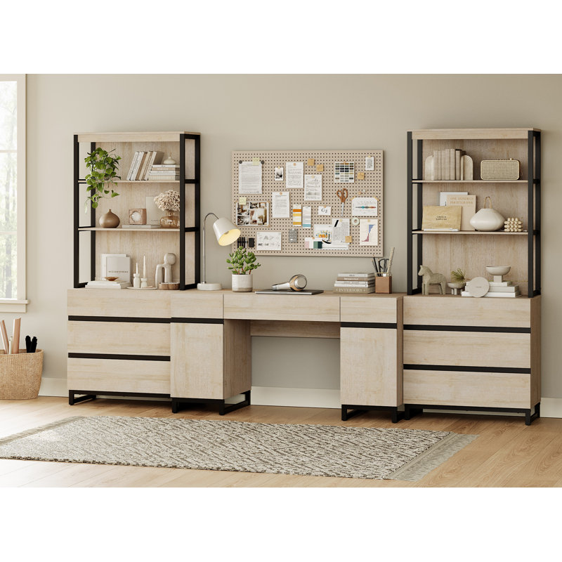 Aadam Home Office Furniture Set: 59" Executive Desk With Charging Station & Storage Cabinet + 72" Tall Bookcase With 6 Drawers, Modern Computer Desk & Library Shelf, Wood, Work Study