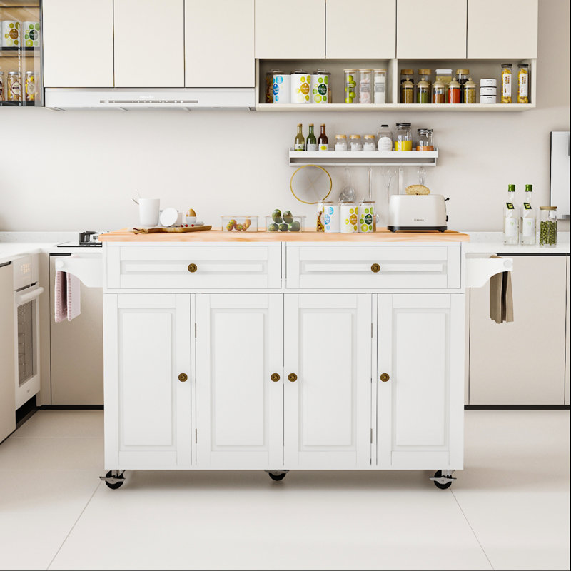 59" Kitchen Island W/sliding Drop Leaf And Storage Doors & Adjustable Shelves, Rolling Mobile Island Table With /spice Rack & Towel Rack & Drawers For Dining Room Kitchen Dining Room 