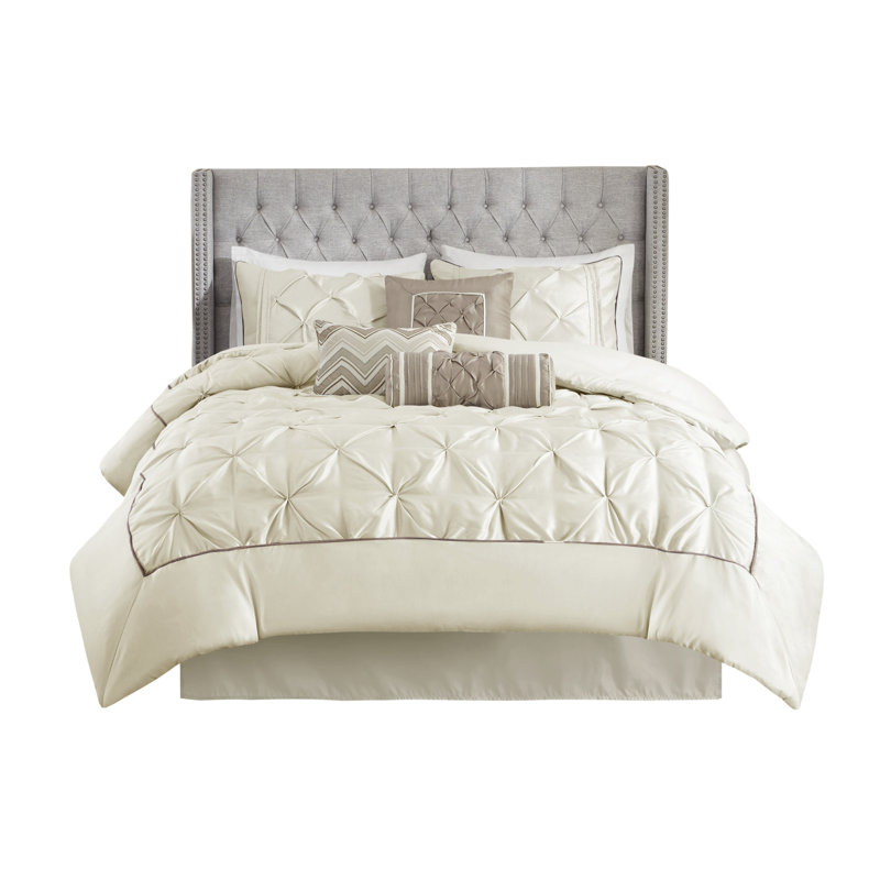 Ivory Full 7-Piece Tufted Comforter Set with Stripes