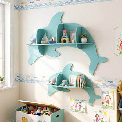2 PCS Floating Dolphin Shelves with Compartments Cute Corner Bookshelves for Nursery Blue