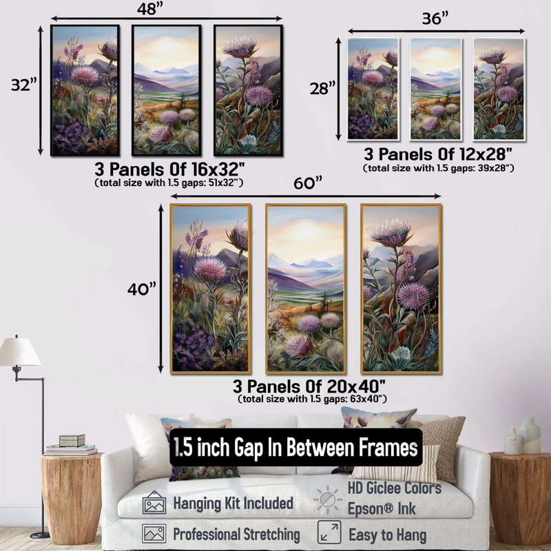 Purple Thistle Field Mountain Charm - Thistle Wall Art Living Room Set, Cadre naturel flottant, H 32 po x l 48 po x P 1 po