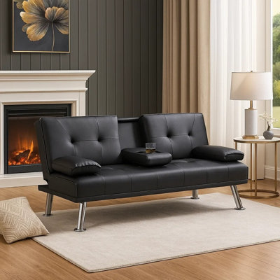 Gary Convertible Sofa With Fold-Down Table, Metal, Black Faux Leather