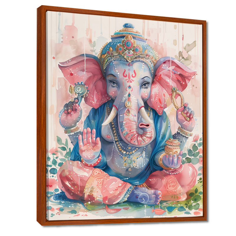 Rose, bleu, Inde, Ganesha II - Art mural indien, Cadre flottant brun, H 24 po x l 32 po