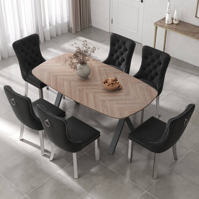 Ensemble de salle à manger rectangulaire en bois avec chaise capitonnée, Noir, H 29,5 po x L 71 po x l 35,4 po