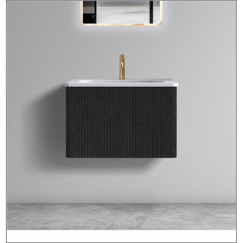Meuble-lavabo flottant rayé en chêne noir brossé de 24 po avec lavabo en céramique blanche, meuble-lavabo une pièce sans drain, pré-assemblé