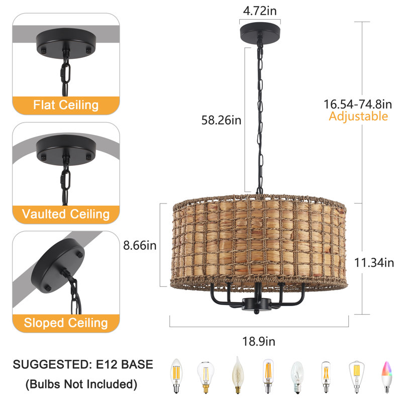 5 - Light Dimmable Bohemian Drum Rattan Chandelier Natural Rattan Seagrass Pendant Light for Living Room, Black
