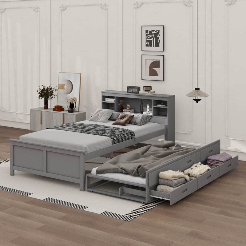 Agnes Platform Bed With Storage Headboard, USB, Trundle And 3 Drawers, Full, Gray