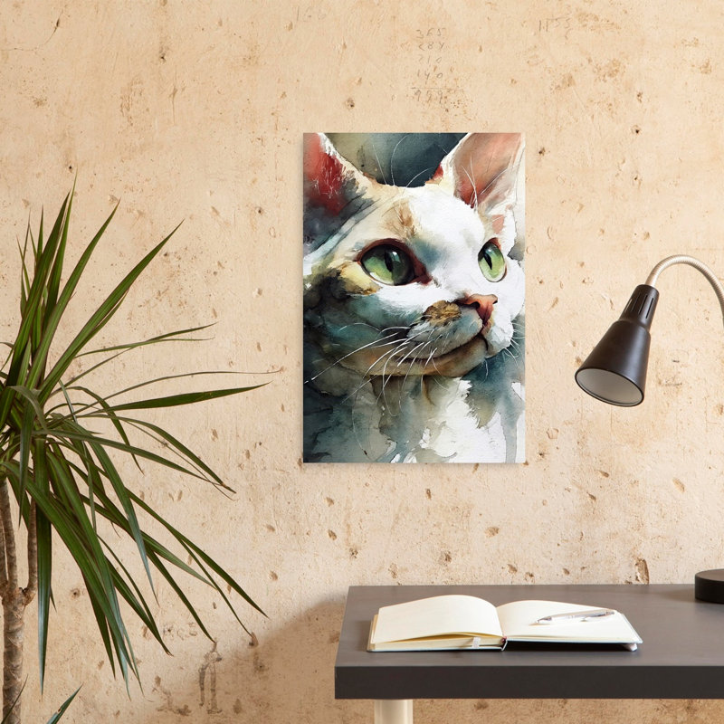 Aquarelle, chat vert aux yeux verts, reproduction d'art murale, H 24 po x l 16 po