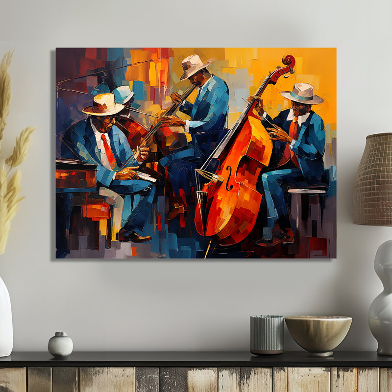 Cool Jazz Quartet - Musician Wall Art For Living Room, Toile avec cadre flottant brun, H 16 po x l 32 po x P 1 po