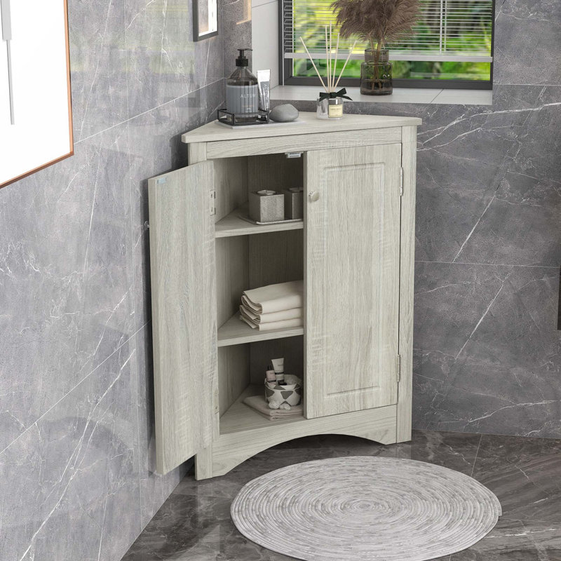 Modern MDF Triangle Corner Storage Cabinet With Adjustable Shelves For Bathroom Organization And Space-Saving Design, Oak