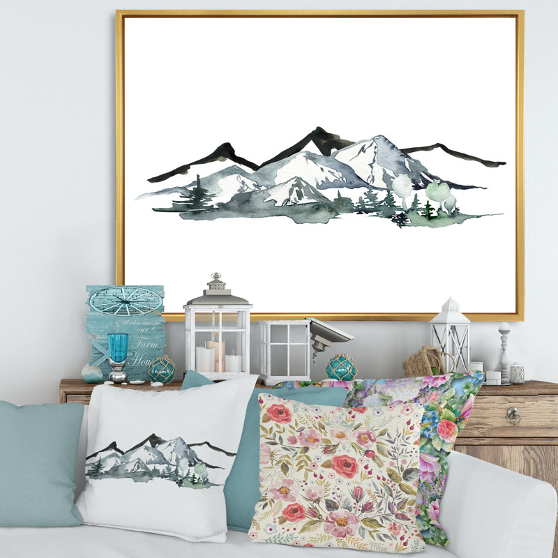 «Minimalistic Winter Mountains and Fir Forest I - Floater Frame», art textuel sur toile, Toile encadrée d'or