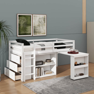 Twin Loft Bed Combining Drawer Shelf And Pull Out Desk