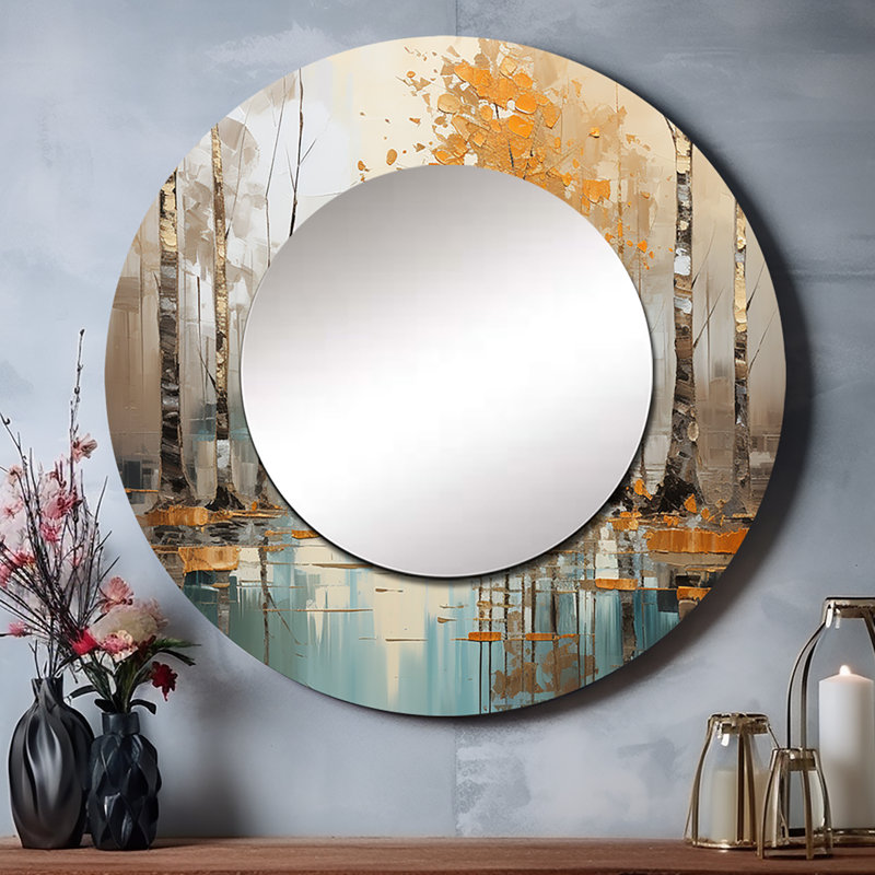 Birch Woods Golden Reflections I - Birch Decorative Wall Mirror, Gray Round Mirror, Printed Metal Art, 23" x 23"