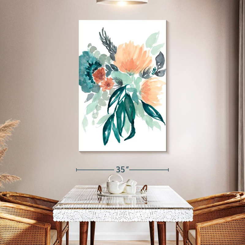Bouquet Harnek bleu sarcelle et pêche I, H 51 po x l 34 po