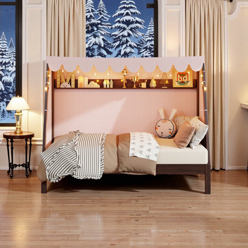 Lit simple AVELOR XL avec lit gigogne, tablette, tente et veilleuse, lit pour enfant peu encombrant, Espresso