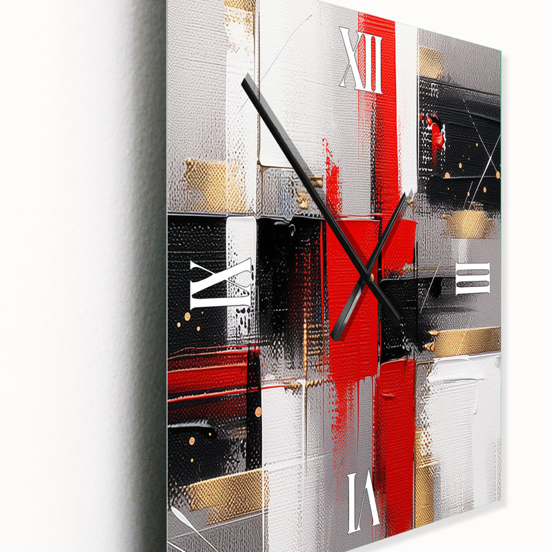 Horloge murale abstraite cubique rouge et or I, Médium