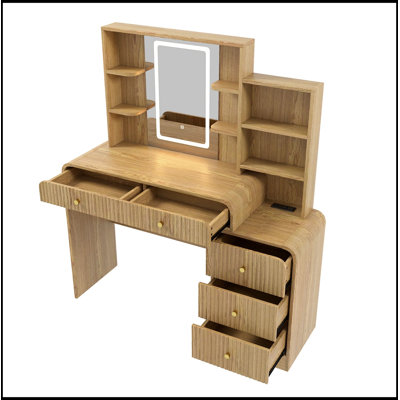 Bureau de maquillage avec miroir lumineux, 5 tiroirs et tablettes de rangement ouvertes