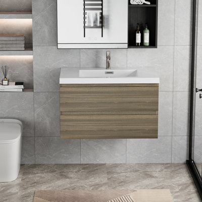 Meuble-lavabo de 36 po avec lavabo, armoire gracieuse. Bassin de comptoir en résine, tiroirs à fermeture en douceur. Fascination gris cendré. Unité murale flottante charmante 24V11-36Ag.