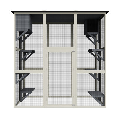 Toit gris asphalte extérieur en bois gris de 70,9 po, conception à plusieurs niveaux avec 6 plateformes spacieuses et 2 aires de sieste, portes verrouillables pour une vie sécurisée avec un enclos à chat en bois de 70,9 po, toit de protection contre la pluie,
