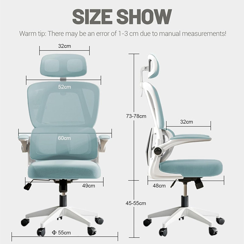 HDHNBA Breathable Mesh Ergonomic Office Chair With Flip Up Armrests And Adjustable Headrest, Blue