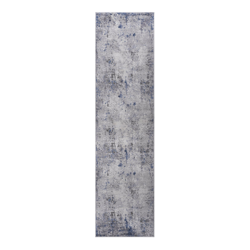 Silver Blue Abstract Pattern Runner Rug, Runner 2'2" x 8'