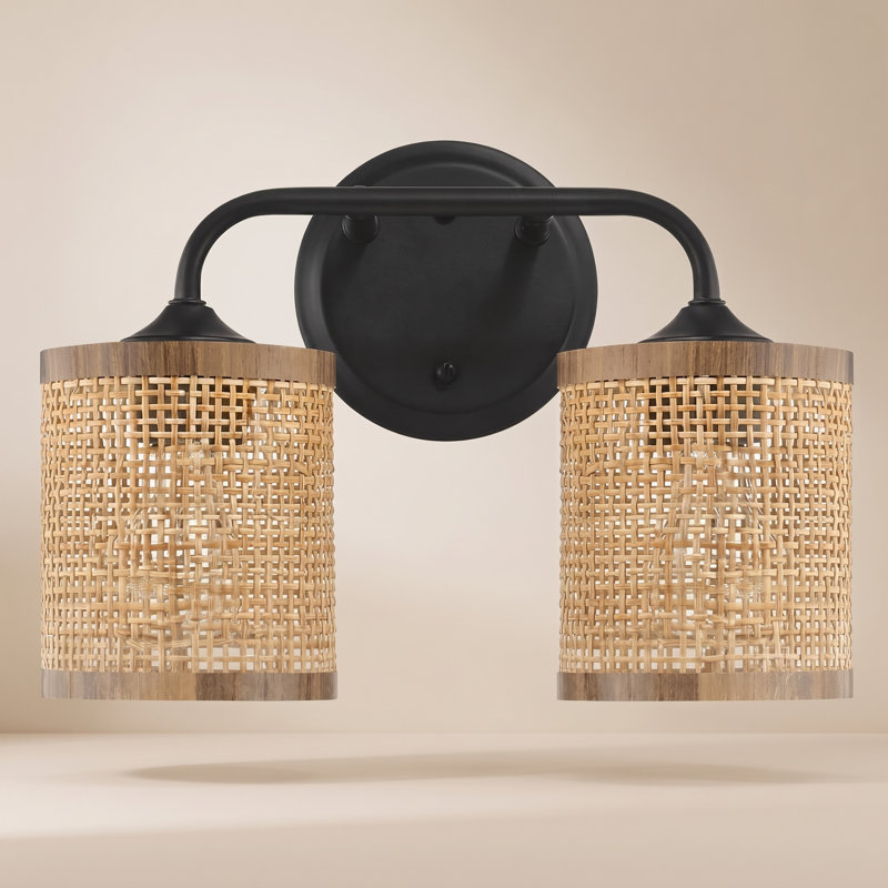 Meuble-lavabo double avec abat-jour en rotin naturel