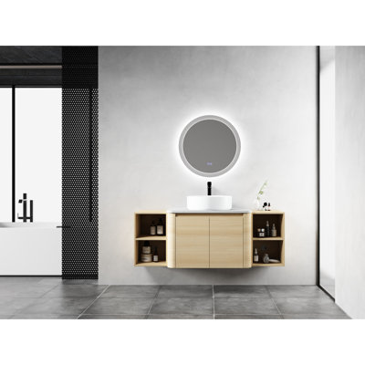 Meuble-lavabo de 54 po avec lavabo d'art en céramique et 2 tablettes de rangement, portes à fermeture en douceur, emballage Kd, meuble-lavabo moderne en contreplaqué, dalle de pierre blanche, lavabo à finition lisse, décor contemporain, unique