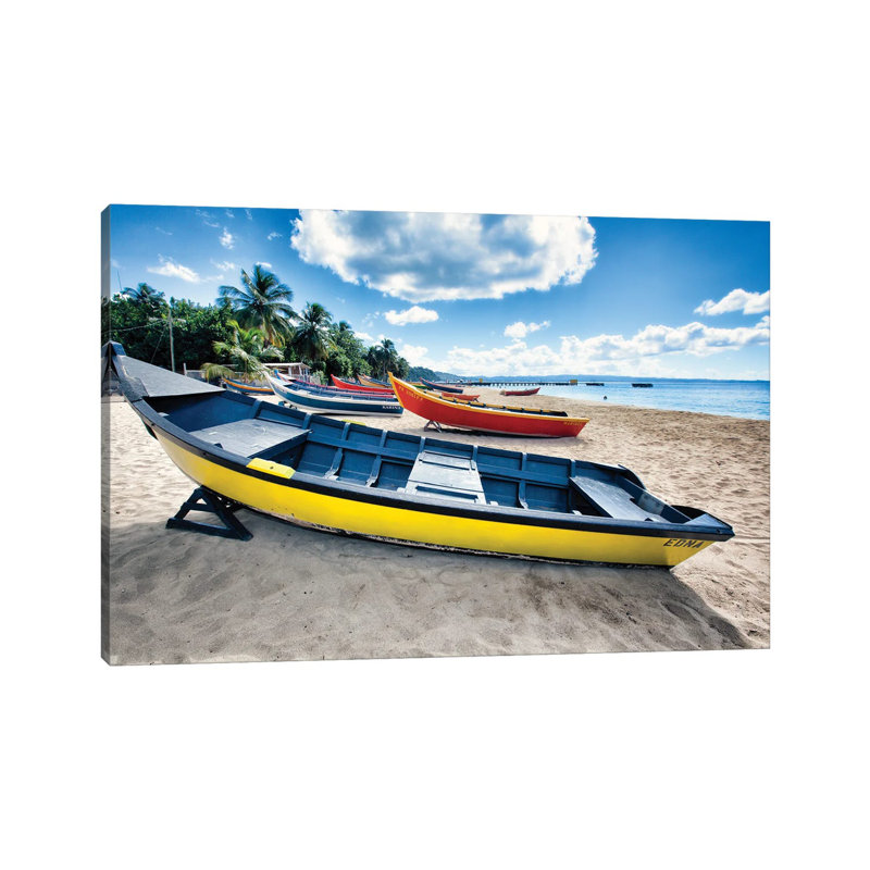 Row Of Traditional Small Fishing Boats On A Beach, Aguadilla, Puerto Rico by George Oze - Wrapped Canvas Painting