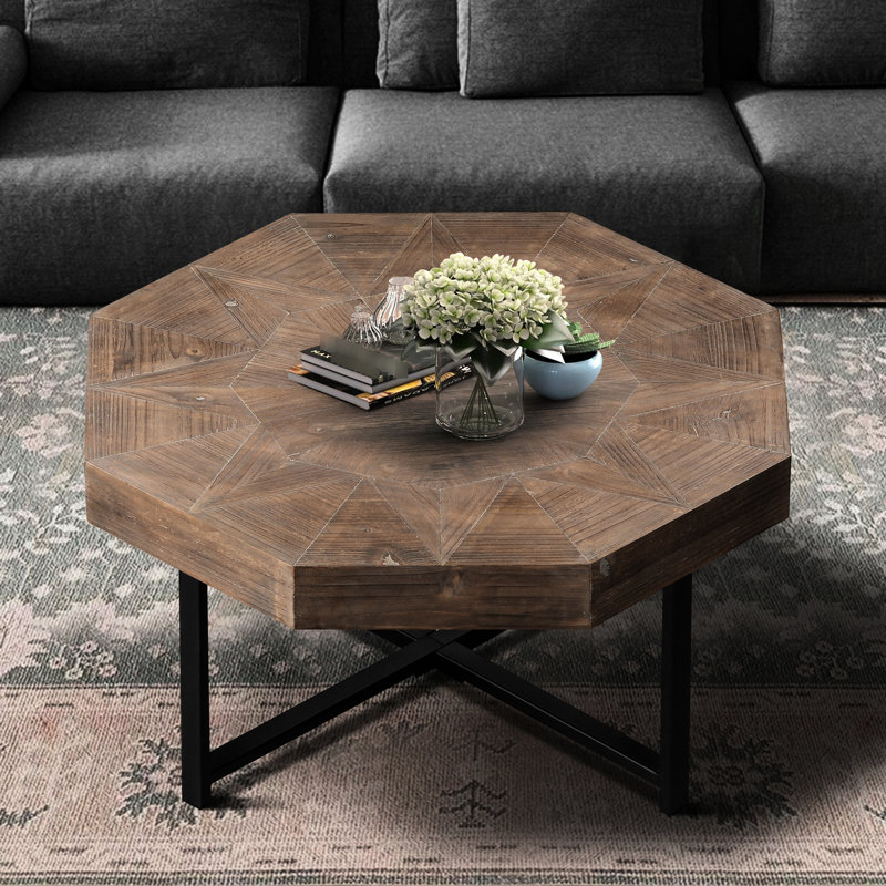 Octagonal Wooden Coffee Table With Firm Metal Leg Setup, Antique Brown Finish Living Room Table, Support, Antique Brown