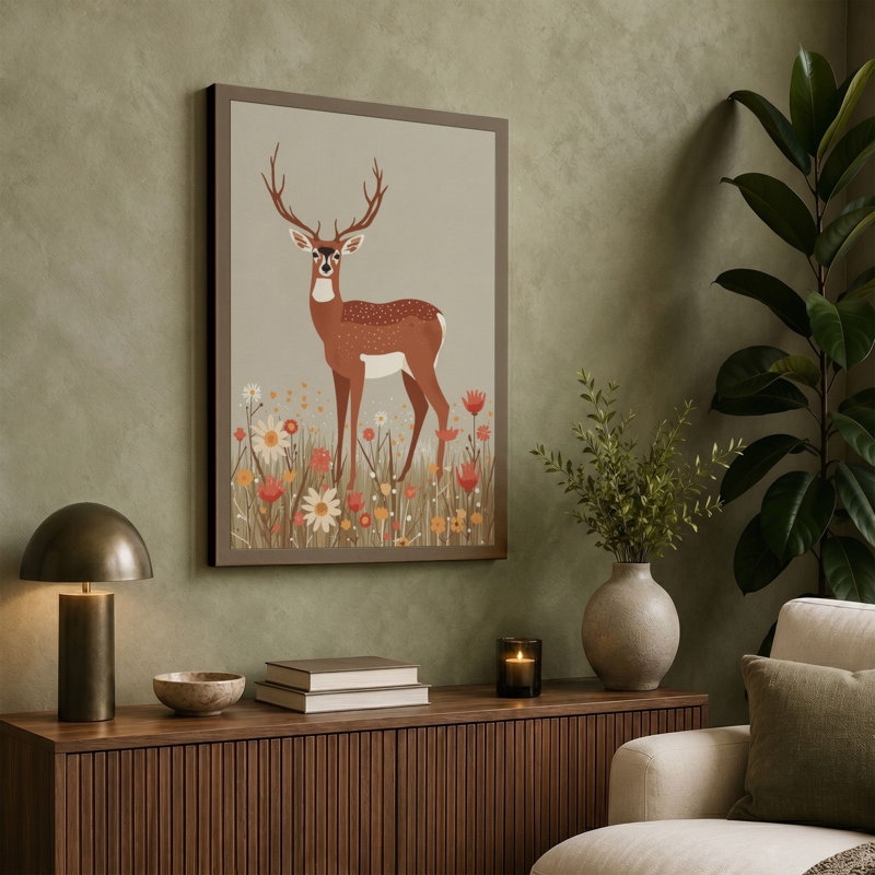 Meadow Deer Mid-Century - Wrapped Canvas, 24x16 - 61.0 x 40.6 cm, Cream Border