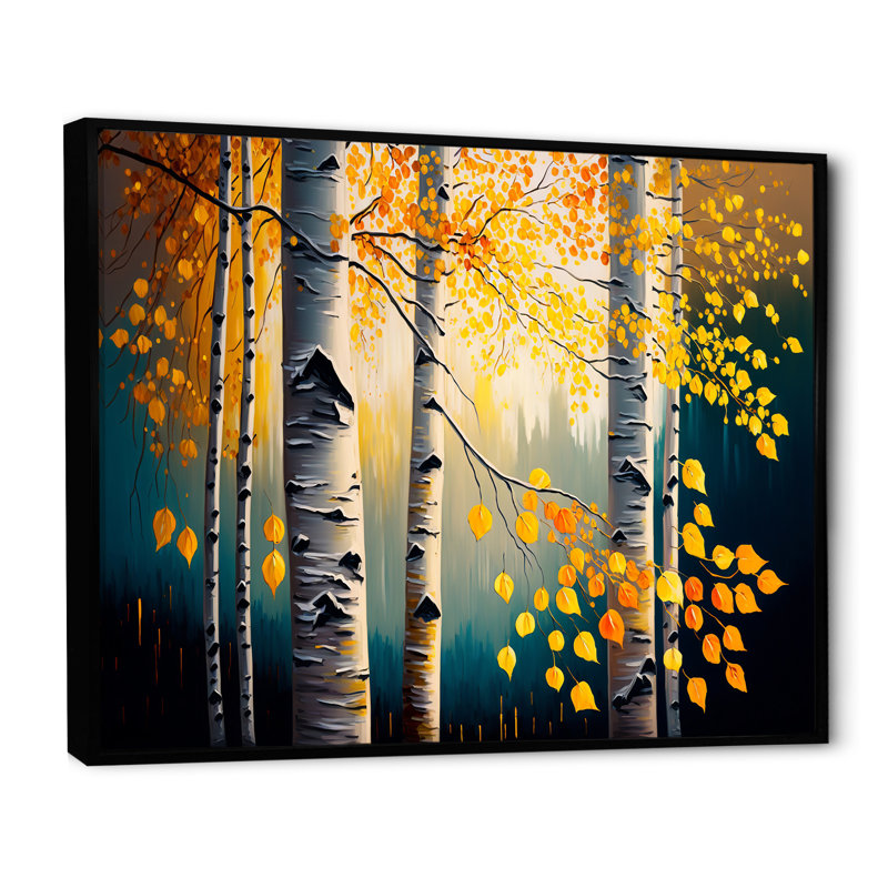 Into A Golden Birch Forest V - Paysage, art mural sur toile, H 12 po x l 20 po x P 1 po, Toile avec cadre flottant noir