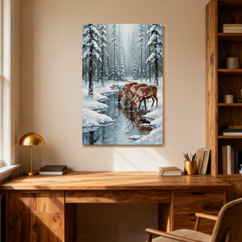 Animaux, hiver, renne, forêt, paysage enneigé, reflets, H 18 po x l 12 po