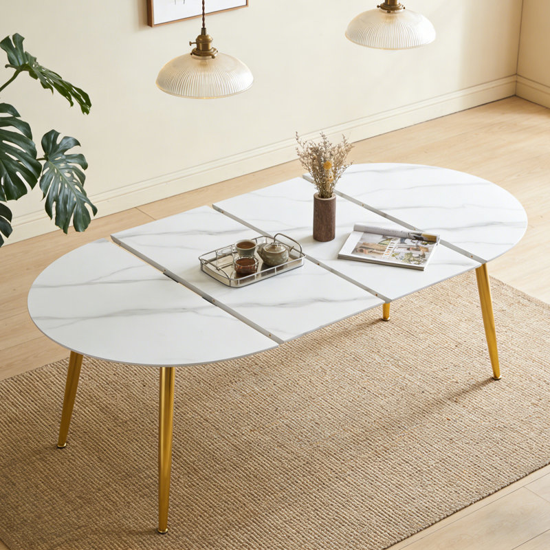 Table de salle à manger extensible 4-6 places, Blanc, Doré, H 29,5 po x L 70,8 po x l 39,4 po