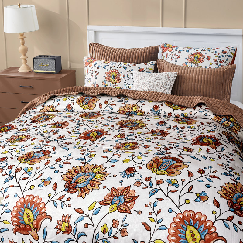 Wonderful Floral Comforter Set Linen-Like Fabric With Slub Texture, Queen Comforter + 2 Standard Shams, Burnt Orange