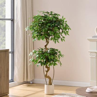 Ficus artificiel 5 pi / 6 pi - Topiaire artificiel avec tronc torsadé, auvent sphérique multicouche, feuilles de soie réalistes et pot blanc pour la décoration de salon de bureau
