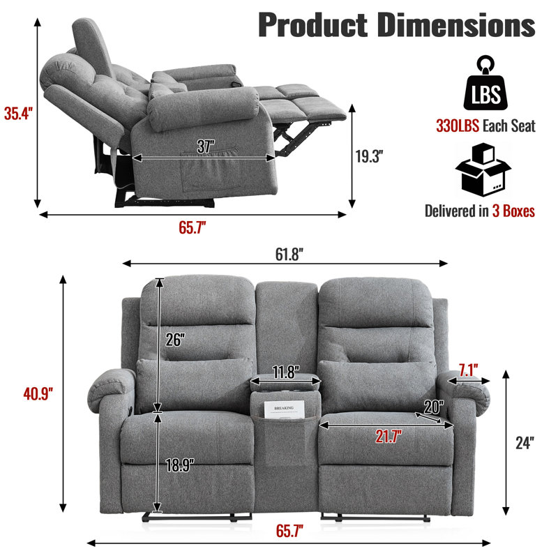 65.7" Modern Manual Reclining Loveseat With Storage Console And Cup Holders, Gray